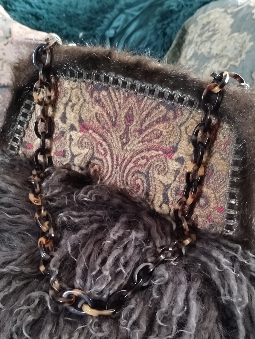 Lorren Bell Mink & Tortoiseshell Chain Shoulder Bag - Brown/Red Jacquard